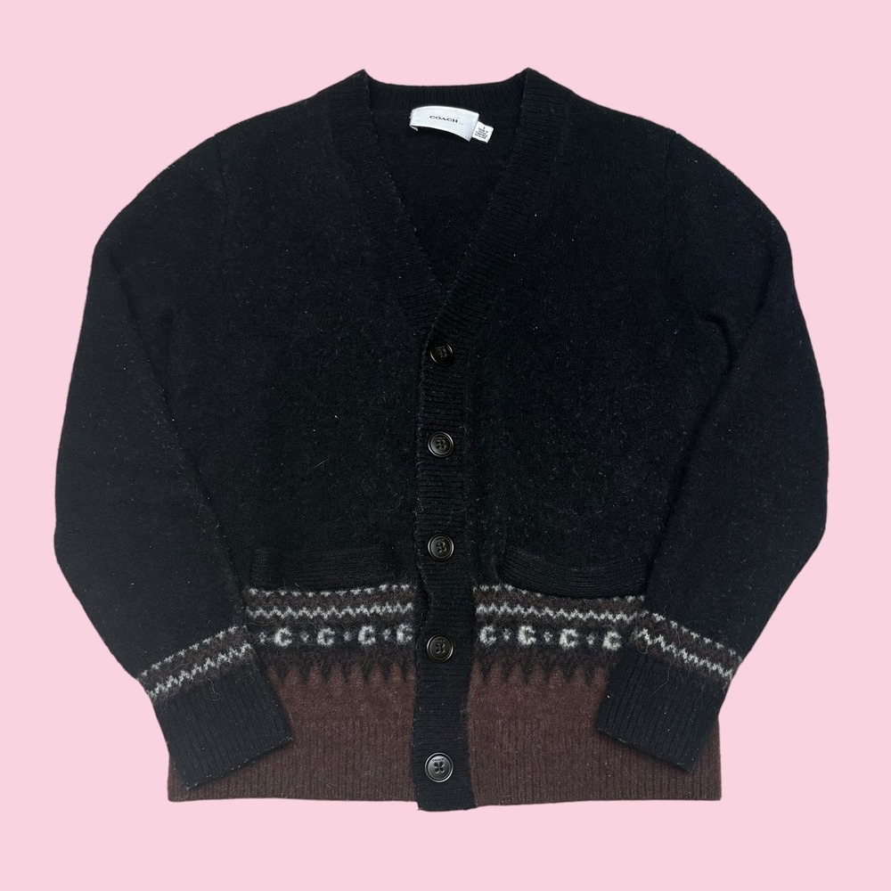 Coach Womens Wool Alpaca Fair Isle Logo Cardigan Sweater Black Brown CV472 S